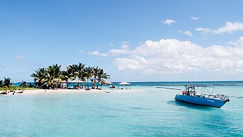 Yacht in paradiesisch klarem, blauem Wasser vor der Küste mit Palmen von Guadeloupe 